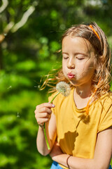 Adorable little girl blowing on a dandelion on a sunny summer day