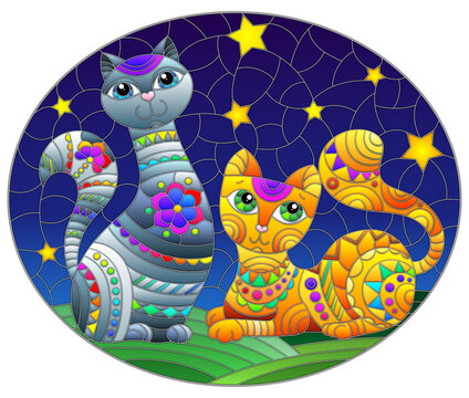 An illustration in the style of a stained glass window with bright cartoon cats on the background of the night starry sky, oval image