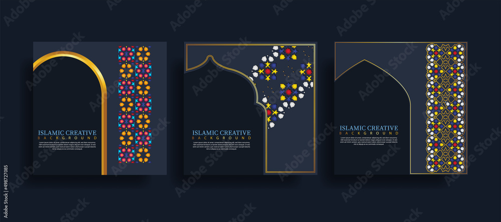 Poster set greeting card islamic background template with design technique made with texture and decorative