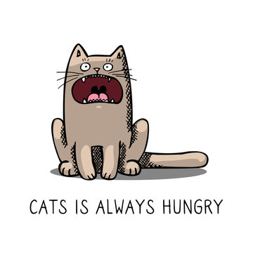 Funny cartoon hungry cat isolated on white background. Vector Illustration