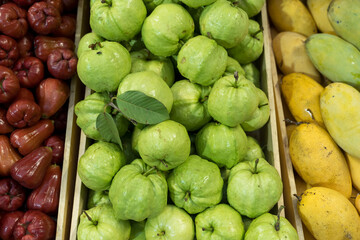 Thai summer fruit Background. Rose apple, Guava, Mango.