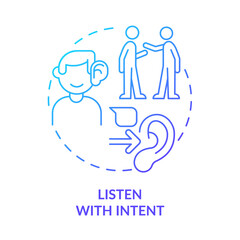 Listen with intent blue gradient concept icon. Focus on conversation. Active listening. Step to charisma abstract idea thin line illustration. Isolated outline drawing. Myriad Pro-Bold font used