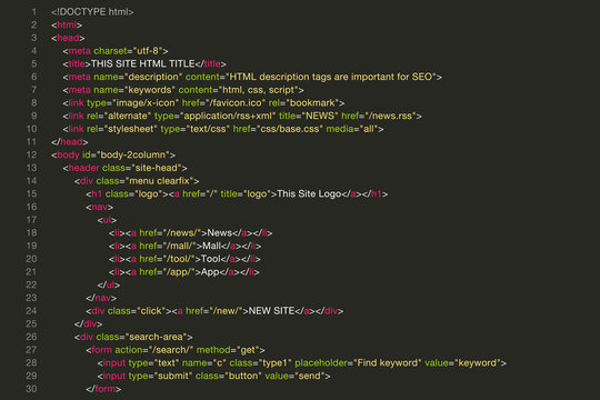 ホームページのHTMLソースコード、コーディング黒画面のベクターイラスト素材