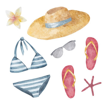 Watercolor beach set of bathing items: swimsuit, flip flops, sunglasses, sun hat, isolated on white background.