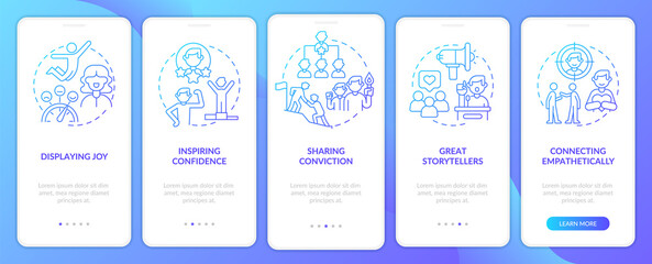 Charismatic people traits blue gradient onboarding mobile app screen. Walkthrough 5 steps graphic instructions pages with linear concepts. UI, UX, GUI template. Myriad Pro-Bold, Regular fonts used