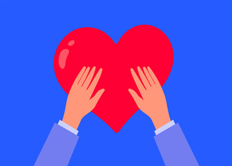 Vector kindness donation and charity illustration with man hand with red shape heart on blue color background. Flat style romantic design with heart of sharing love for Valentine's Day greeting card