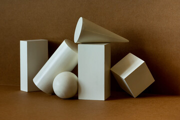 White platonic solids figures geometry. Abstract geometrical objects still life composition....