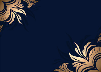 Dark blue background with elegant stylized golden flowers in the corners, a template for covers, postcards, greetings, invitations to events, advertising in fashion, cosmetology, floristry. Vector