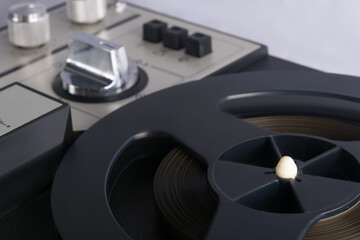 close-up of a magnetic coil in an old turntable, side view