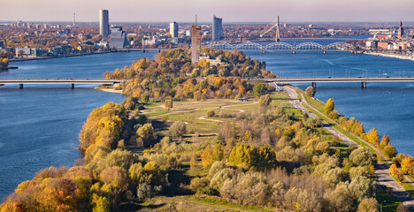 Panoramic view over the Riga city, Latvia, Island bridge, and Zakusala during sunny day