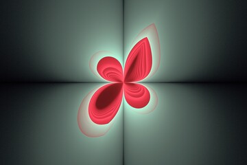 Red floral pattern of crooked waves on a green background. Abstract image. 3D fractal rendering