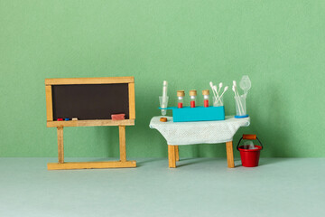 Abstract laboratory clinical research and blood analysis. Diagnostic room with black chalkboard and...