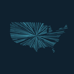 USA map made out of rays. Shape of USA with sunburst rays. Stock vector illustration isolated on dark background.