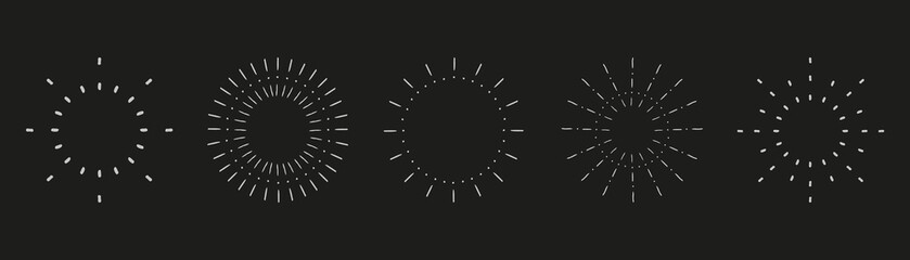 Vector light rays elements on black background. Sunburst set. Vintage sunrise collection. Vector Illustration 