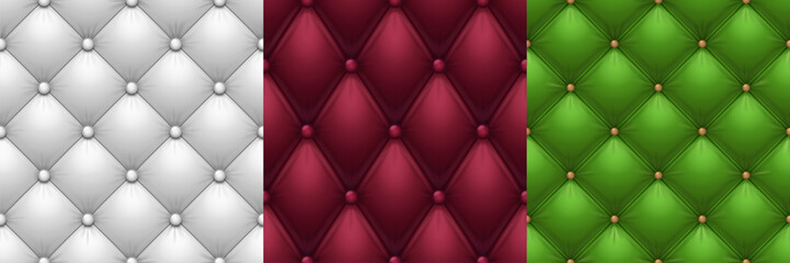 Leather upholstery textures, luxury sofa fabric. Vector realistic backgrounds, seamless patterns of upholstered furniture, couch or chair surface. White, red and green sofa cover with buttons