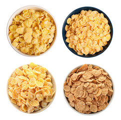Set with different tasty breakfast cereals on white background, top view