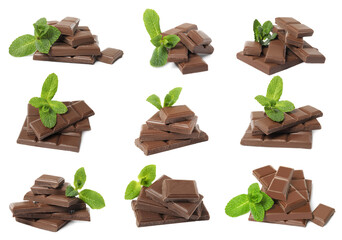 Set with tasty dark chocolate and mint on white background