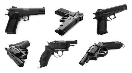 Set with different handguns on white background