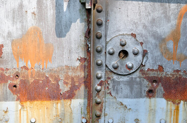 Close Up of Rust and Rivets on Old Steel Railway Bridge 