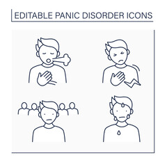 Panic disorder line icons set. Breath shortness, chest discomfort, loneliness, sweating. Anxiety disorder concept. Isolated vector illustrations. Editable stroke