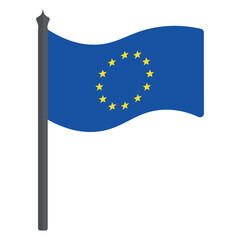 Flag of the European Union. Vector illustration. The fabric canvas is decorated with twelve stars in a circle. The national symbol of the states develops in the wind. Flat style. Isolated background. 