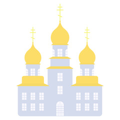 Church. Temple with golden domes decorated with crosses. Purple building. Color vector illustration. Isolated background. Flat style. Bright Easter. Religious motives. God's house. 