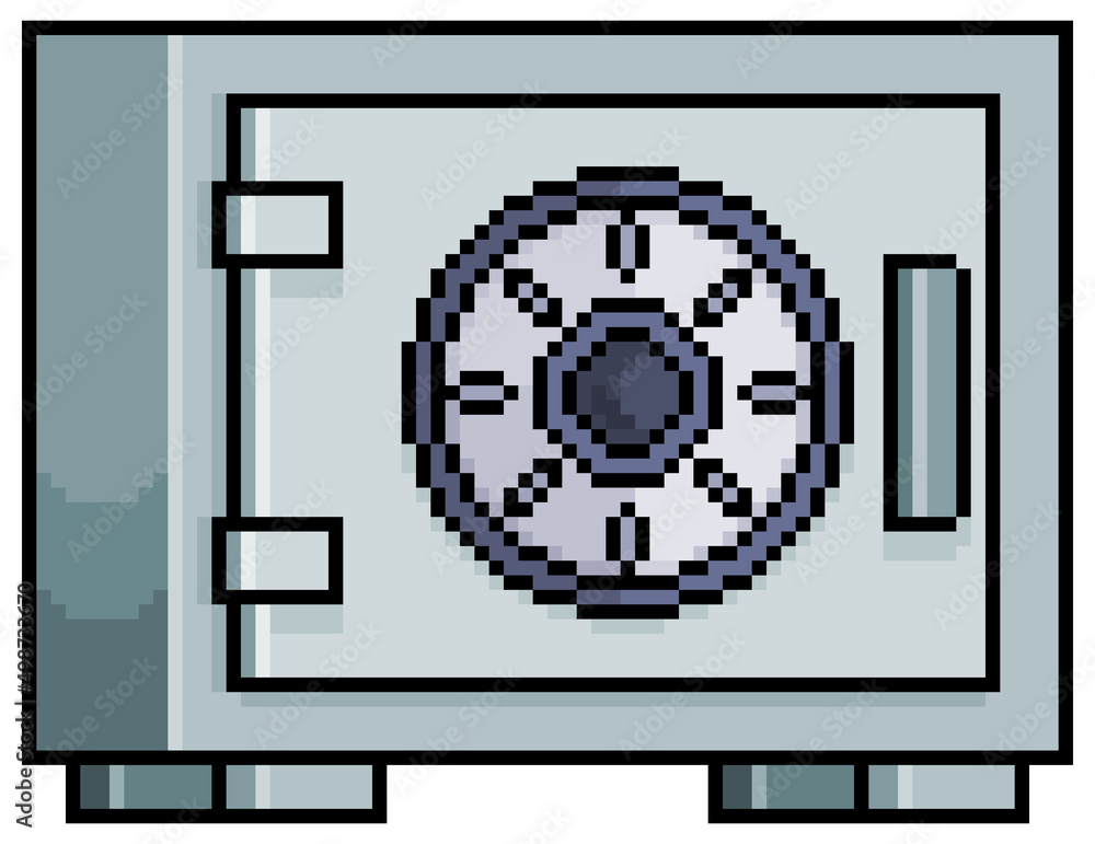 Poster pixel art metallic safe box vector icon for 8bit game on white background
