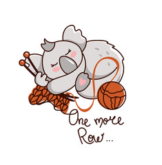 Cute Koala fell asleep with knitting needles and yarn in her paws. Funny illustration. Knitting. Logo.