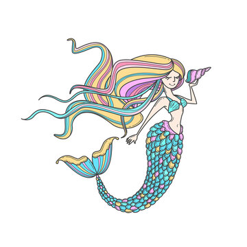 Mermaid or siren silhouette with long hair and shell. Doodle vector illustration. Color book page, icon, emblem or print. Cartoon character.  Outlined image. Colorful art isolated on white background