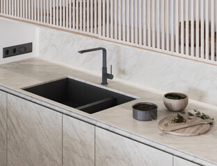 3d render illustration mockup. Marble and wood kitchen close up with black sink