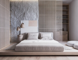 3d render illustration mockup. Rock wall cozy bedroom with light bed on podium and wooden decor and elements