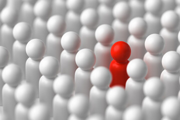 Figures of people with one standing out from the crowd on a white background. Selective focus. 3d rendering.