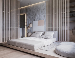 3d render illustration mockup. Rock wall cozy bedroom with light bed on podium and wooden decor and elements