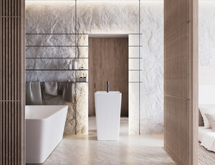 3d render illustration mockup. Rock wall cozy bathroom with covered in marble and wood
