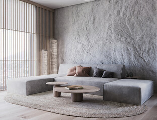 3d render illustration mockup. Light cozy living room with grey sofa, wooden coffee tables and rock wall 