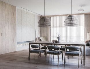 3d render illustration mockup. White cozy dining room with  wooden table and chairs