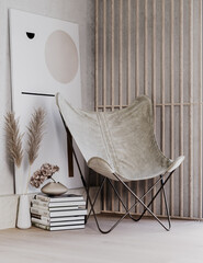 3d render illustration mockup. Light cozy composition of leather chair, decor and art
