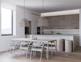 3d render illustration mockup. White cozy kitchen and dining room with marble and wood cabinets and wooden table