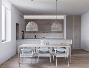 3d render illustration mockup. White cozy kitchen and dining room with marble and wood cabinets and wooden table