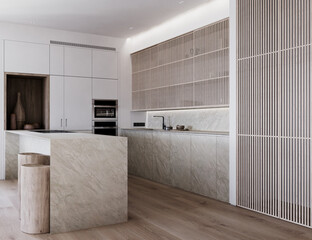 3d render illustration mockup. White cozy kitchen with marble and wood cabinets