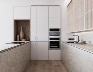 3d render illustration mockup. White cozy kitchen with marble and wood cabinets