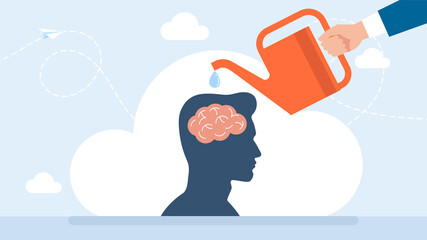 Brainstorming. Growth of creativity. Watering the brain with a watering can. Concept of generation of innovative ideas, creative thought, creativity and imagination. Flat cartoon business illustration
