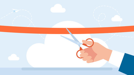 Grand opening concept. The new store, website. Startup. A businessman holding scissors in his hand cuts a red ribbon. The ceremony, celebration, presentation, and event. Flat style vector illustration