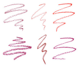 Set with strokes of different lip pencils on white background