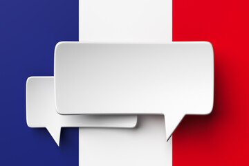 Social media notification icons, white bubble speech on the background of the flag of France. 3D rendering