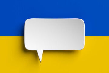 Social media notification icon, white bubble speech on the background of the flag of Ukraine. 3D rendering