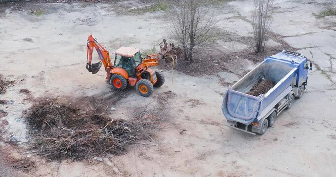 Loader vehicle loads tree debris and dirt into dump truck, at construction site.