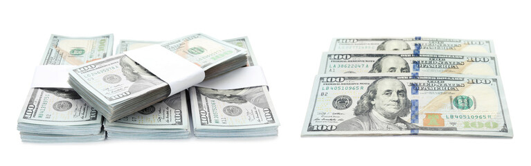 Many dollar banknotes on white background, collage. American national currency