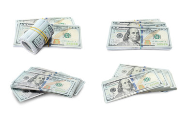 Many dollar banknotes on white background, collage. American national currency