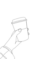 Fototapeta na wymiar A person holding a plastic coffee cup is drawn in one line art style. Printable art.